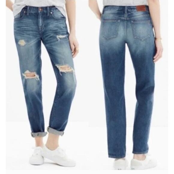 Madewell Jeans Womens 24 Blue Denim BoyJean Distressed Torn Up Edition - Picture 1 of 9